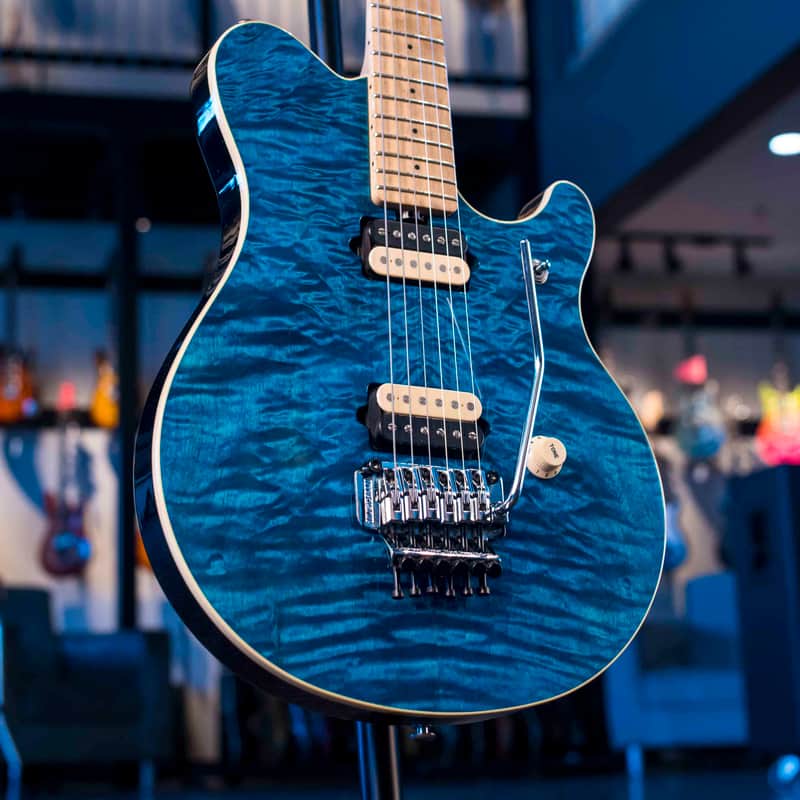 VINTAGE ERNIE BALL MUSIC MAN EDDIE VAN HALEN MODEL 1993 TRANS QUILT BLUE WITH ORIGINAL CASE image 1