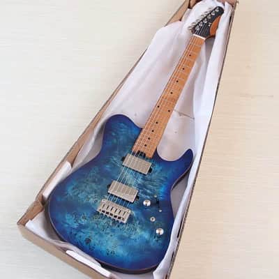 Custom Blue Burl Wood Top Electric Guitar, HH Pickups, Okoume Body, Roasted Maple Neck, 22 Frets Fingerboard image 4