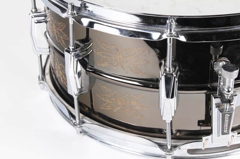 Ludwig No. 451 Engraved Black Beauty 6.5x14" Brass Snare Drum with Rounded Blue/Olive Badge 1979 - 1980 image 4