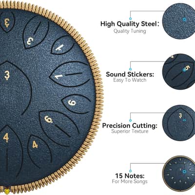 Steel Tongue Drum 12 Inch 15 Notes, Steel Drums Instruments for Kids Adults, Hand Pan Drum with Music Book, Drum Mallets and Carry Bag, Handpan C Major, Navy Blue image 3
