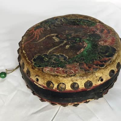 Antique Chinese Hand Painted Dragon & Phoenix Tack Drum Double Sided Percussion image 7