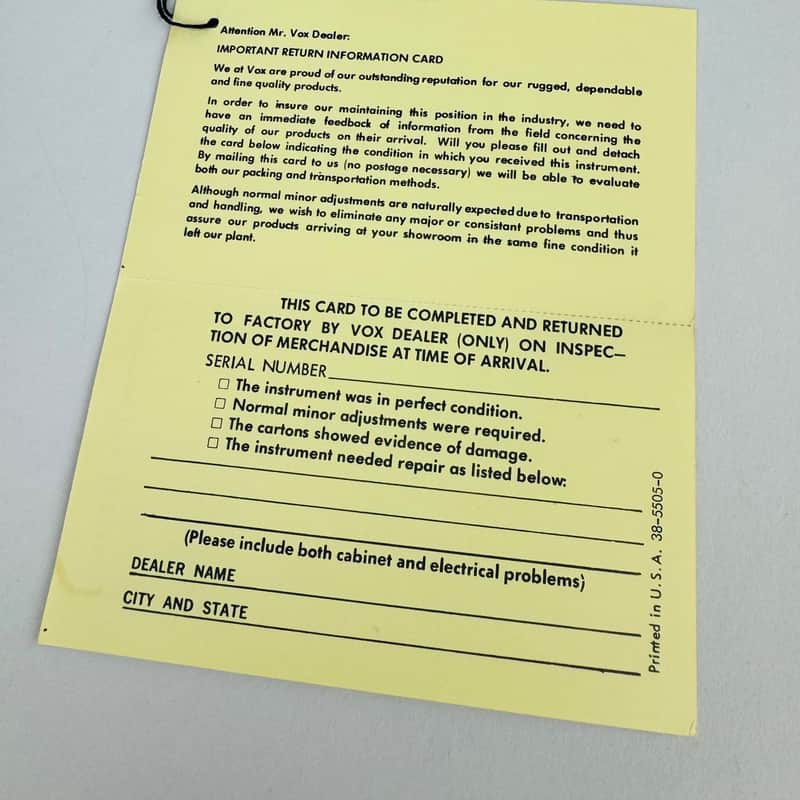 Vox Warranty Return Card (Late 1960s Early 1970s) Yellow
