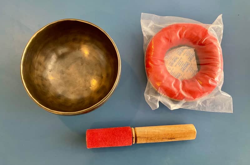 5.75” Hammered Bronze Etched Tibetan Tiger’s Eye Full Moon Singing Bowl w/ Striker image 1