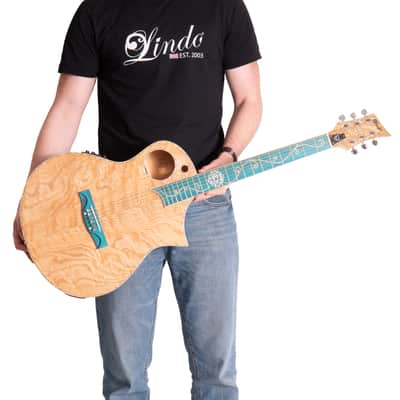 Lindo Earth Slim Body Electro Acoustic Guitar | Figured Tamo Ash and Flatsawn Zebrano | BS3M Blend Preamp/Tuner with Dual Jack/XLR Output | Solid Maple Teal Fretboard and Bridge (Nylon Strings) image 5
