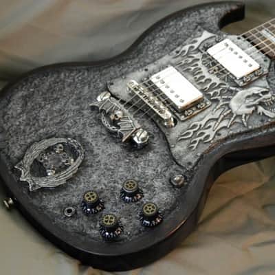 Steampunk Skull Epiphone SG G-400 Guitar Hand sculpted top hand made metal skull parts rings knobs image 2