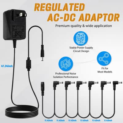 SPA-10 Guitar Pedal Power Supply Adapter (1000mA -1A) AC DC 9V with 4 Way Daisy Chain Pedal Cables, Compatible for Most Effect Pedals (Tip Negative), Black image 2