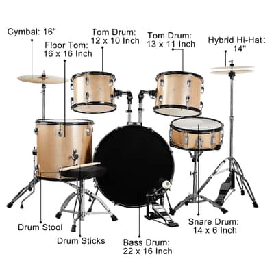 Full Size Adult Drum Set 5-Piece with Bass Drum, two Tom Drum, Snare Drum, Floor Tom, 16" Ride Cymbal, 14" Hi-hat Cymbals, Stool, Drum Pedal, Sticks 2020's image 12