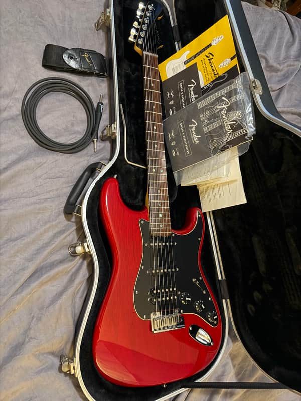 2005 Fender American Deluxe, Mahogany Stratocaster HSS with Rosewood Fretboard  - Crimson Red Transparent image 1