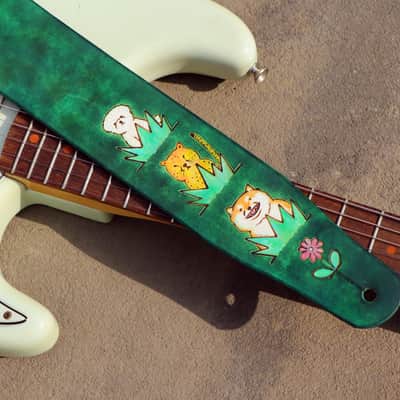 burnyblack custom made guitar strap - animals in forest leather/green image 7