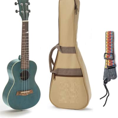 24 Inch Mahogany Ukulele with Aquila Nylgut Strings Installed, Padded Gig Bag, Strap and Picks - Blue image 1