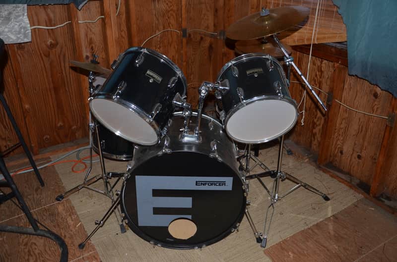 Remo Enforcer 5-piece Black Drum Kit used, includes cymbals and throne image 1