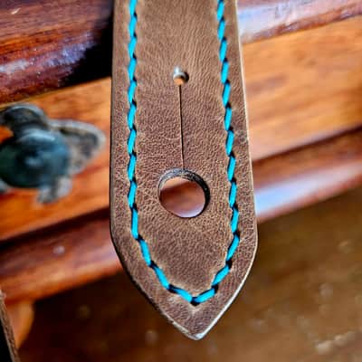 Hand Made, Hand Stitched Guitar strap "Rockatansky" in Taupe & Turquoise- Vegetable Tanned Leather image 8