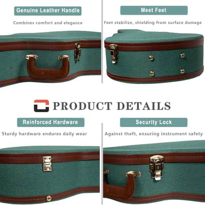 Crossrock Master Series-Wooden OM/Martin 000-14 Fret Acoustic Guitar Case- Security Lock, Genuine Leather Handle, Reinforced Hardware, Metal Feet, Storage Space- Malachite Blue Tweed image 8