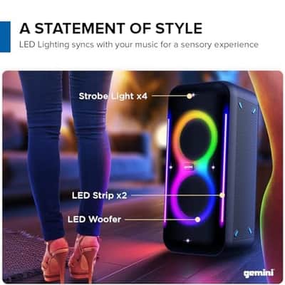 Gemini Sound UltraRave Duo - 400W Peak Power, Bluetooth Party Speaker with TWS Linking, FM Radio, LED Party Lighting FX, X Drive Bass Boost, Includes Wireless Mic & Remote, 10hr Play Time image 4
