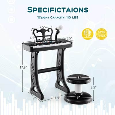 37-Key Kids Piano Keyboard with Microphone and Comfortable Stool | Fun Learning Tool for Children Ages 3+ (Black) image 2