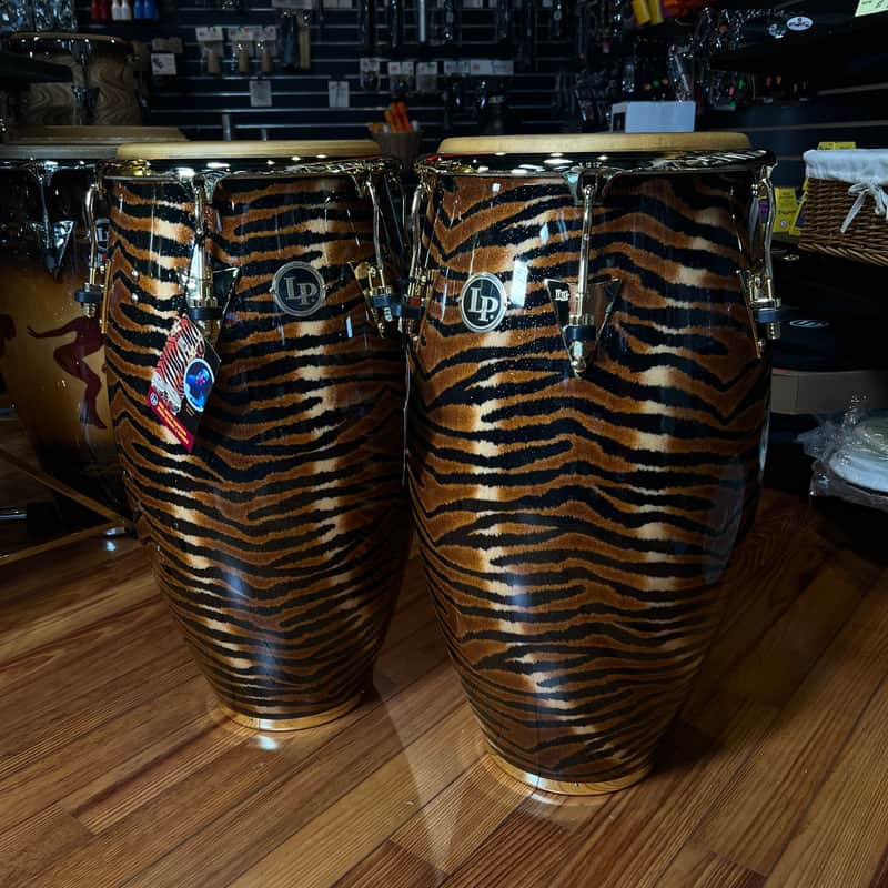 LP Latin Percussion Raul Rekow Signature Tiger Print Conga Tumba Duo Pair Set w/ Gold Hardware image 1