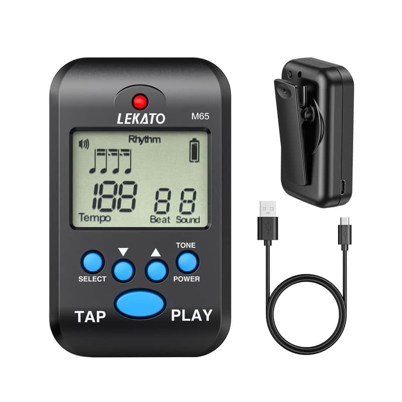 LEKATO Digital Metronome Rechargeable LCD Electronic Metronome with Timer Human Voice 10 Beat Sounds Volume Adjustable Clip on Mini M65 Metronome for Piano Guitar Flute Violin Drum image 1