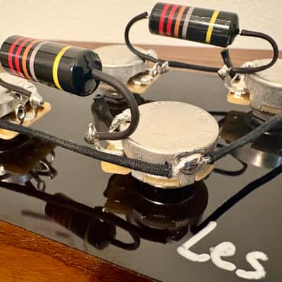 Gibson Les Paul 50s style wiring harness with new Bumblebee 0.022uF paper in oil capacitors and split long shaft pots image 2