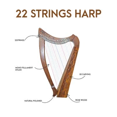 22 String Lever Harp Rosewood + Bag, Tuning Key & Extra Strings | Celtic Folk Harp Pro Quality image 1