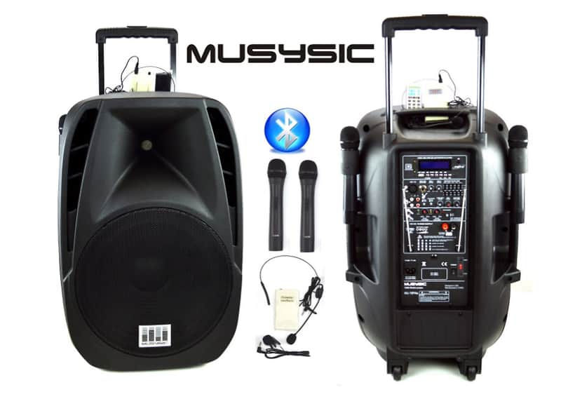 MUSYSIC 1600 Watts Professional Portable Dual Mic Wireless Rechargeable 15" Speaker PA System MU-15P image 1