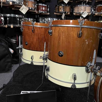 ~BENTLEY'S EXCLUSIVE~ Dixon Little Roomer Select 4-Piece 12/14/16/20 Drum Kit Set in Natural Mahogany to Pearl White with Black Pinstripe image 4