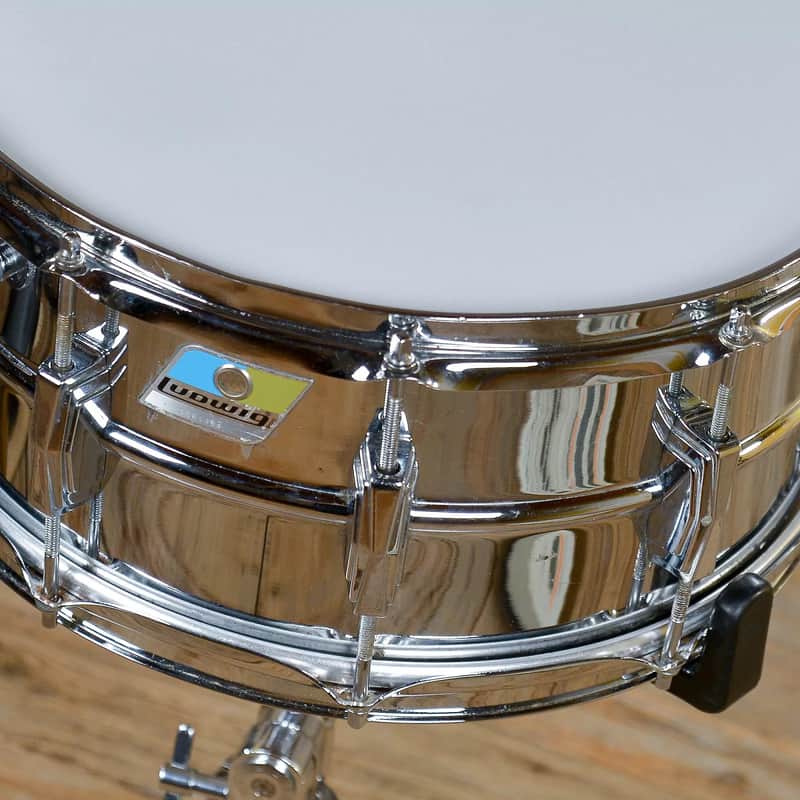 Ludwig No. 402 Supraphonic 6.5x14" Aluminum Snare Drum with Pointed Blue/Olive Badge 1969 - 1979 image 2
