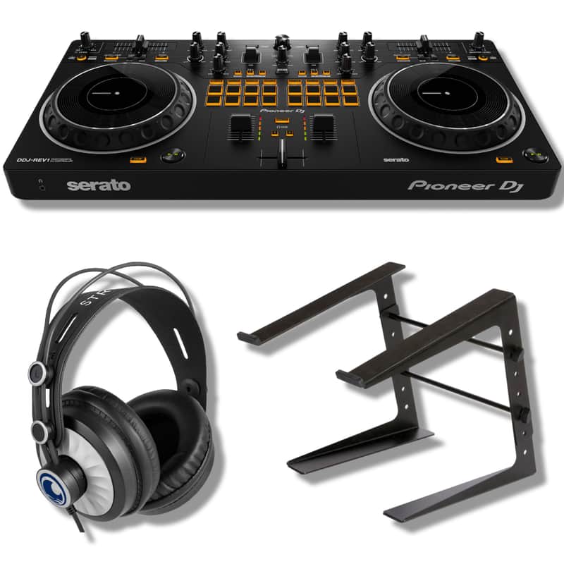 Pioneer DDJ-REV1 DJ Controller Bundle with Adjustable Laptop Stand for DJ's, Monitoring Headphones and StreamEye Polishing Cloth image 1