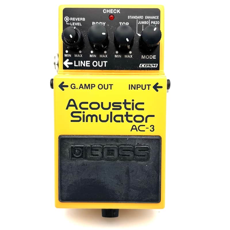 Yellow Boss Acoustic Simulator AC-3 pedal with black knobs and black foot switch.