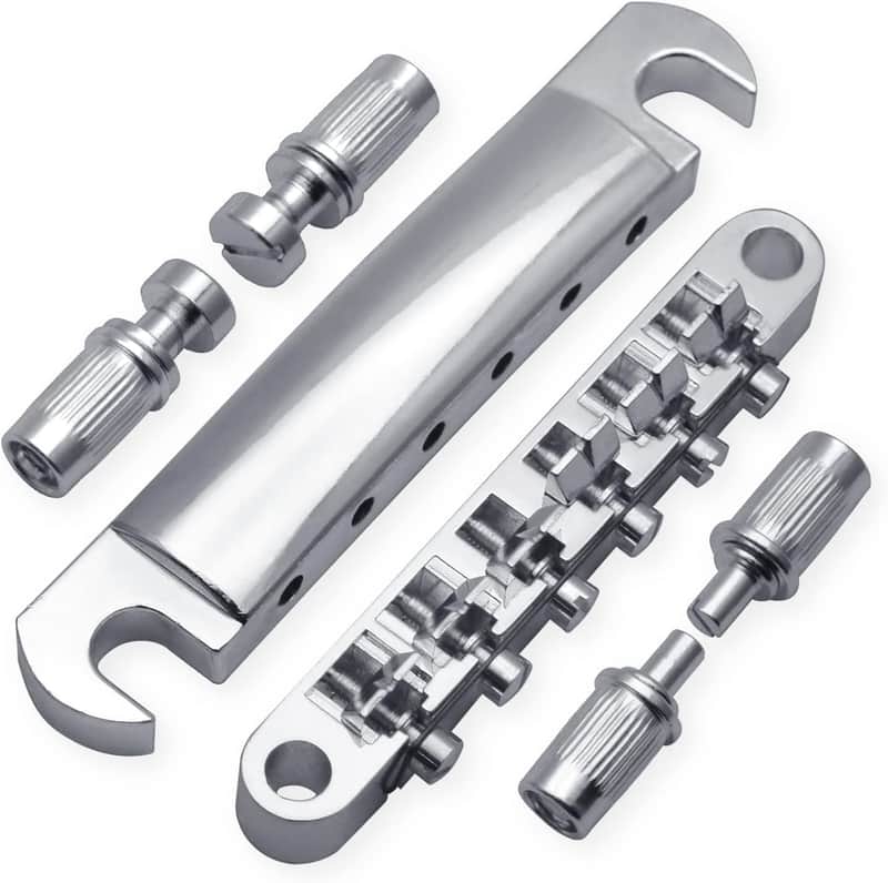 A Set of String Saddle Tune-O-Matic Bridge and Tailpiece with Studs for GB LP Style Electric Guitar (Chrome) image 1