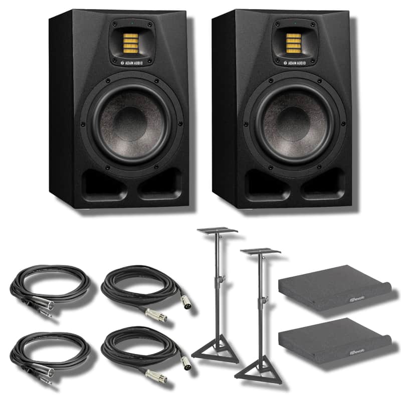 Adam Audio A7V Studio Monitor (Pair) with On-Stage Stands SMS6000-P Studio Monitor Stands, Large Isolation Pads, Balanced Interconnect Cables, and XLR Cables image 1