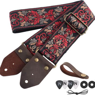 Guitar Strap,Jacquard Embroidery Cotton Guitar Straps with Crazy Horse Leather Leather Ends for Bass, Electric & Acoustic, Best Gifts for Kids, Guitarists(Retro Red Flower) image 1