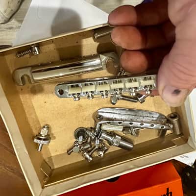 Vintage Gibson Bridge and hardware set up with stop bar and everything you see in the box 1960’s - Nickel image 1
