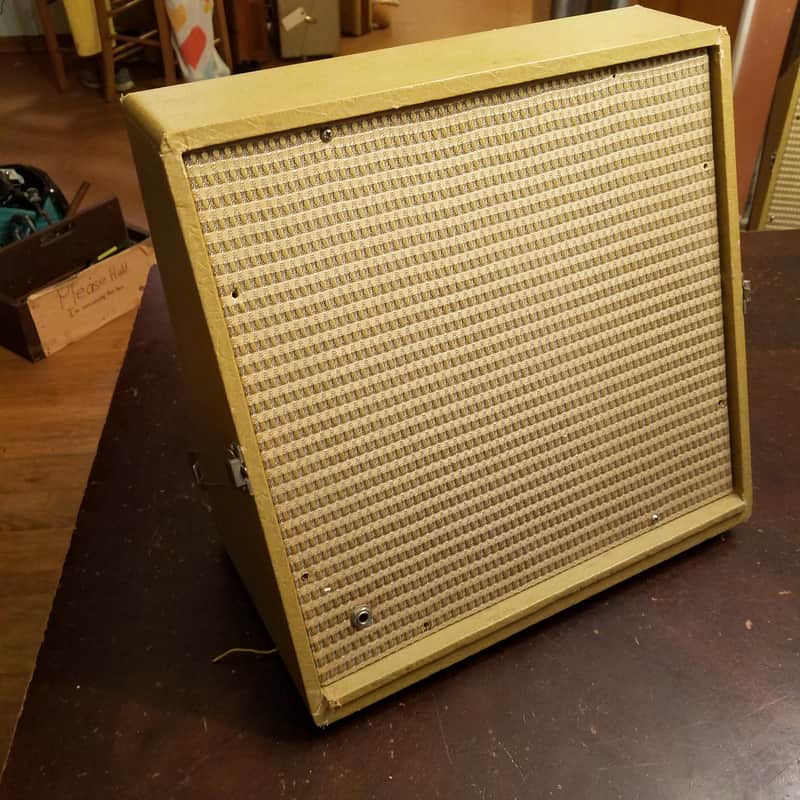 Audiomatic Empty vintage MCM speaker cabinet for 8" driver 1956 - gold woven cloth grill and alligator skin Tolex image 1