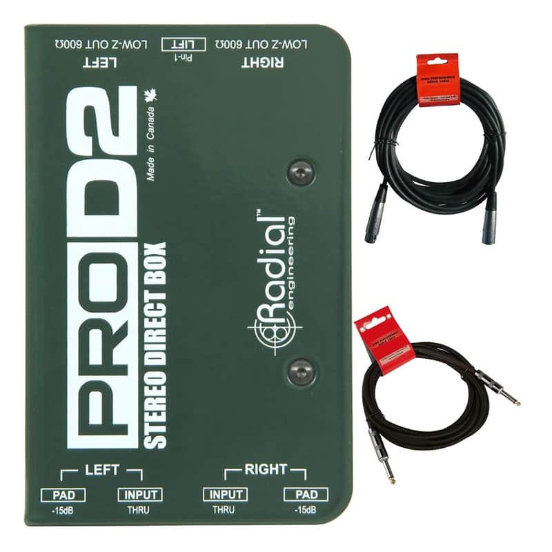 Radial ProD2 Passive 2 Channel Instrument Direct Box Passive Stereo DI with Isolation Transformer, 15dB Pad and Lift Switch with Microphone Cable and Instrument Cable image 1