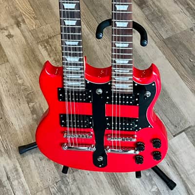 BadAax Double-Neck SG Electric Guitar w/ Gig Bag - Red image 1