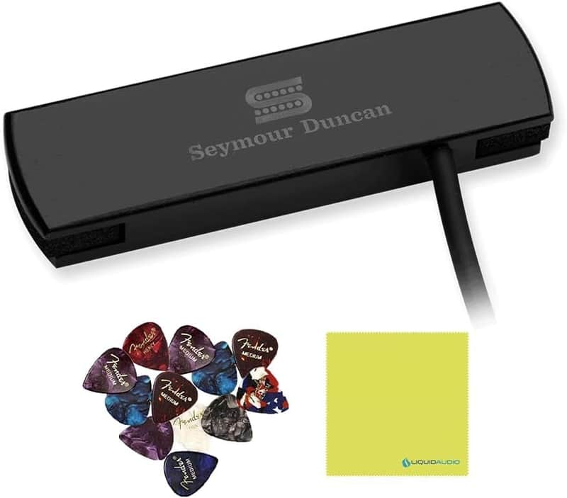 Mint Seymour Duncan Woody Single Coil Pickups, Sound Hole Pickup Acoustic Guitar, Black Color Bundle with 12x Fender Guitar Picks and Liquid Audio Instrument Polishing Cloth - 11500-30-BLK Model image 1