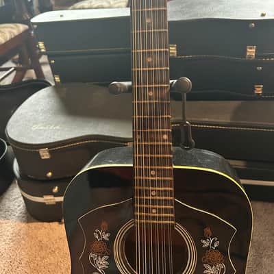 Black 12-String Acoustic Guitar w/ Floral Pickguard & Hard Case image 5