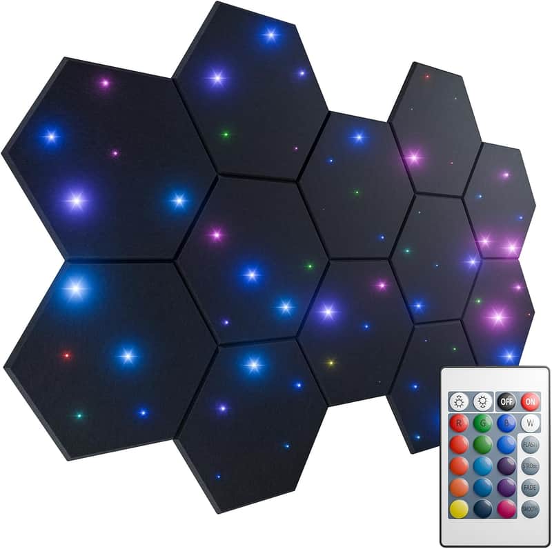 12 Pack Self-adhesive Sound Proof Foam Panels for Walls 12" X 10" X 0.4" - Hexagon Acoustic Panels with Fiber Optic Starlight, Stylish Soundproof Wall Panels Absorb Noise and Wall Decor Black image 1