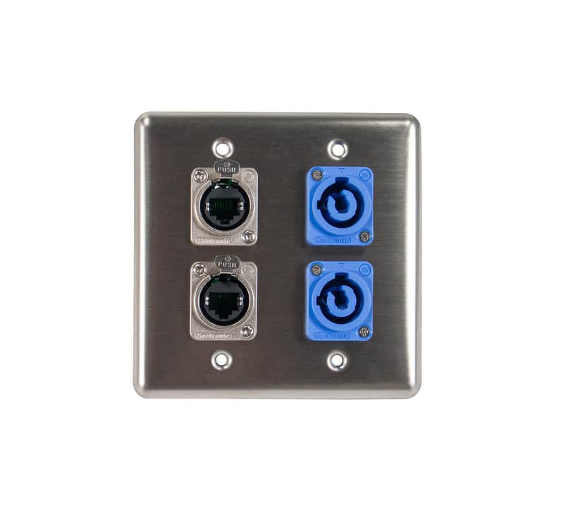 OSP Quad Wall Plate 2 RJ45 Tactical Ethernet Pass-through & 2 Powercon A Blue image 1