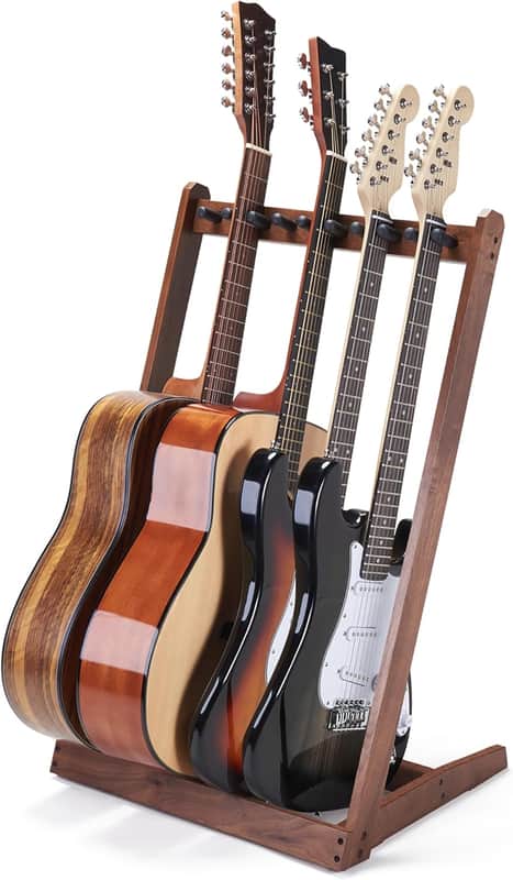 Multi Guitar Stand, Black Walnut Wood Multiple Guitar Rack for 3 Acoustic, 5 Electric or 5 Bass, Hardwood Instrument Rack for Men, Wooden Floor Acoustic Stand for Home Decor, Studio Display image 1
