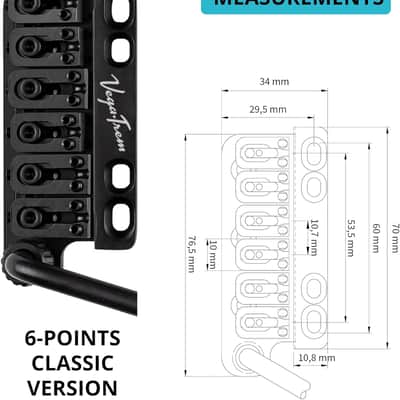 Vega-Trem VT1 Special Standard 6-Screw Stratocaster Guitar Tremolo Bridge For Strat No Mods Easy Installation (Black, Right) image 8