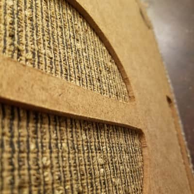 Vintage 11"x14" woven speaker cloth grille and pressboard baffle barkcloth? 1950s - black, silver, and tan image 8