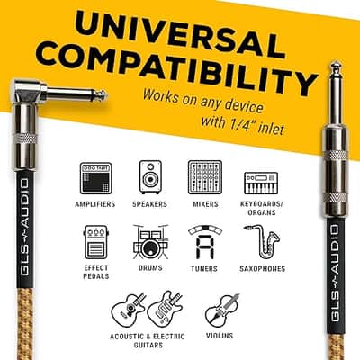 Instrument Cable - Amp Cord for Bass & Electric Guitar - Straight to Right Angle 1/4 Inch Instrument Cable - Brown/Yellow Braided Tweed, 20ft image 2