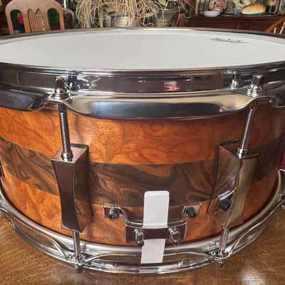~NEW!~ Pork Pie Decaf Macchiato Maple 6.5x14 Snare Drum in Satin Burled Walnut with Sapele Stripe image 5
