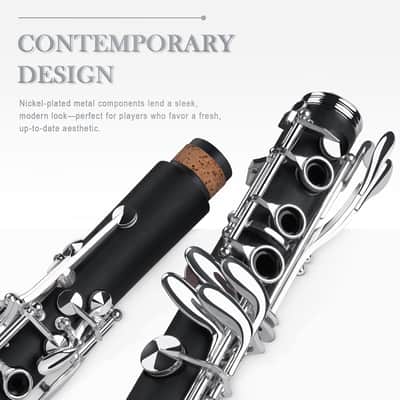 Flat Clarinet for Beginner & Student, Nickel-plated Bb Ebonite Clarinet 2 Barrels, Reeds with Cleaning Kit, White Gloves and Hard Case, Black image 2
