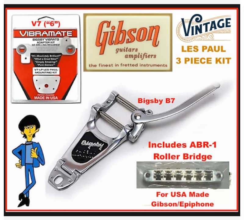 SALE! Bigsby B7 Vibrato, Vib V7 (6") Mount, W/ ABR-1 4mm Roller Saddle Bridge, Complete Bolt-On 3 piece Kit For Vintage Gibson Les Paul Classic/Re-Issue image 1
