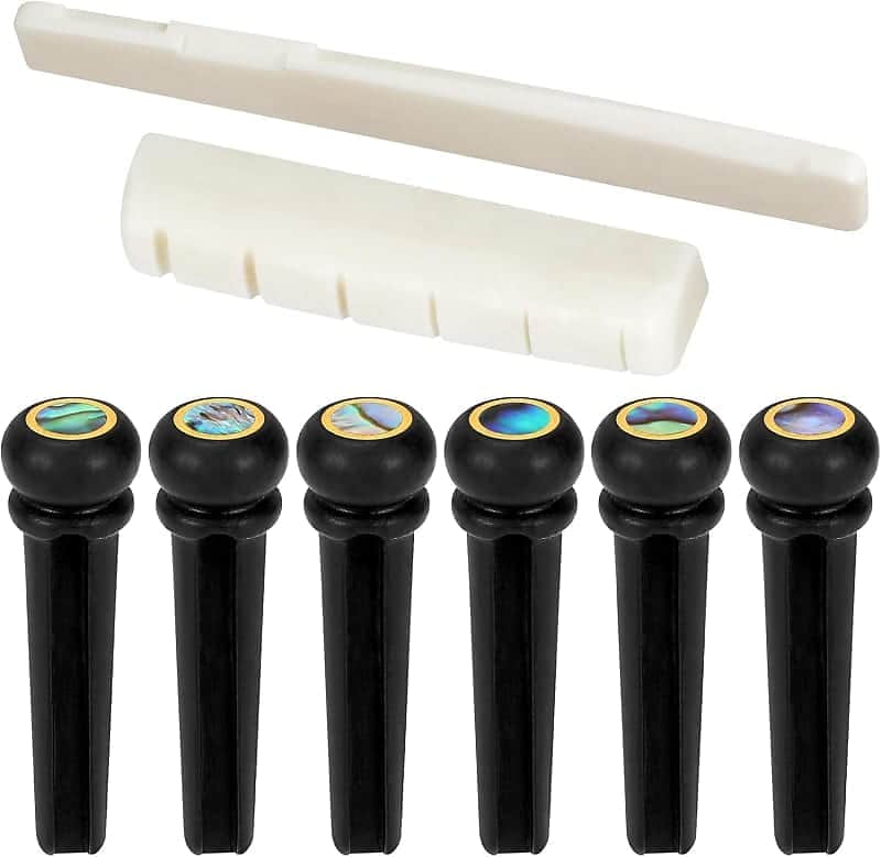 6 String Acoustic Guitar Bone Bridge Saddle and Nut and 6pcs Ebony Guitar Bridge Pins image 1