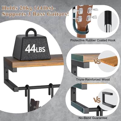 Rustic Guitar Wall Mount Shelf – 3-Guitar Hanger Rack with Detachable Hooks for Acoustic, Electric, Bass & Ukulele image 6