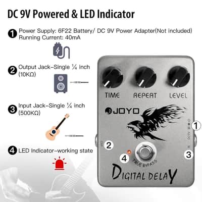 Joyo Digital Delay Guitar Pedal Range 25ms-600ms Time/Repeat/Level True Bypass image 6
