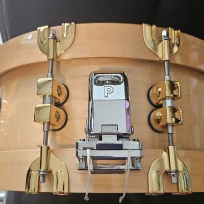 Premier 75th Anniversary Signia 14x5.5" 10-Lug Maple Snare Drum with Wood Hoops, Gold Hardware 1997 - Natural image 2